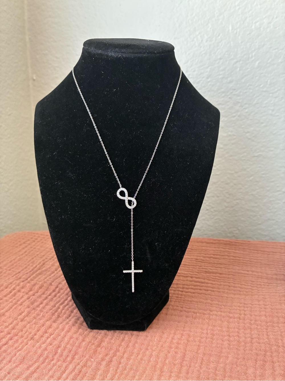 925 Sterling Silver Infinity Lariat Necklace with Cross Pendant 20”22”